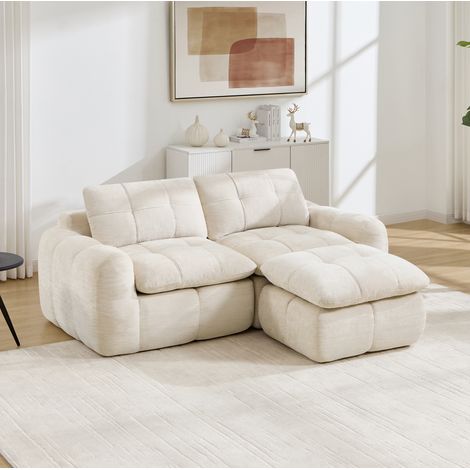 2‑sitziges L‑förmiges rahmenloses Modulsofa, Karostepp‑Design, Chenille‑Bezug, rutschfeste Unterseite, montagefrei mit 1 Ottoman für Wohnzimmer & Apartments,Beige (1/5)