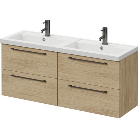 Napoli 390 Light Oak 1200mm Wall Mounted 4 Drawer Vanity Unit with Double Lucia Basins - 1200mm - Gunmetal Grey 320mm Handle