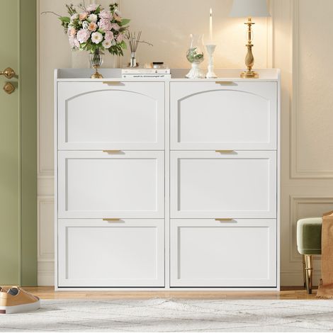 Schuhschrank 120x23x118 cm Weiß aus MDF und Spanplatte mit 6 Klappfächern und Kippschutz (1/5)