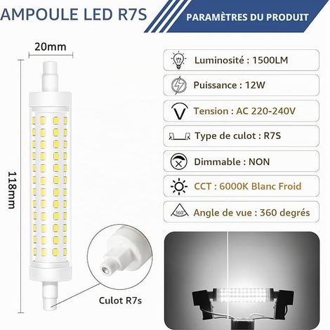 R7s 118mm LED Bulb, Cool White 6000K 12W R7s LED Double End Linear Lamp Replaces 120W J118 Halogen Lamp, 1500LM, AC 220V-240V, Non-Dimmable (1/4)
