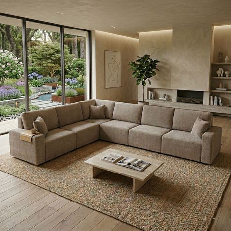 Canapé d'angle modulable 8 places en tissu texturé beige - MODULYS