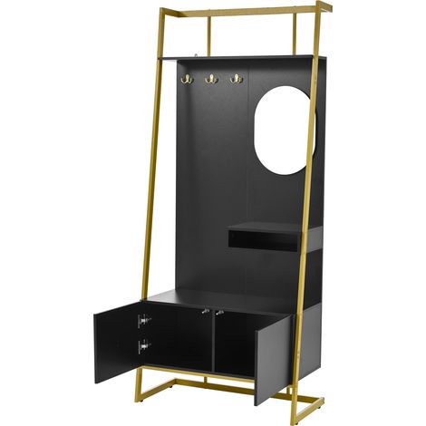 Platzsparende schwarze Garderobe mit Spiegel, Metallhaken und Schuhschrank (1/5)