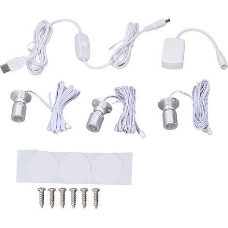 Mini spots LED USB 5V pour vitrine, intensité réglable de 1 à 3, éclairage d'armoire idéal pour collection de bijoux, lumière blanc argenté. (1/5)