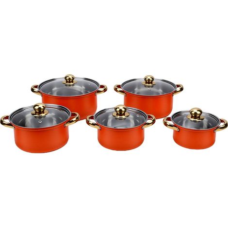 Batterie de cuisine 16 cm 18 cm 20 cm 22 cm 24 cm, marmites en acier inoxydable à chauffage uniforme avec couvercles en verre pour la cuisine Orange (1/5)