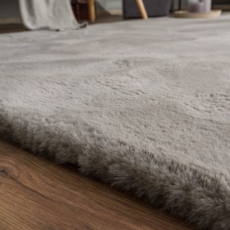 Tapis salon à poils longs, effet fourrure de lapin, doux et moelleux Rond, Gris clair, 160 cm x 160 cm x 39 mm (1/3)