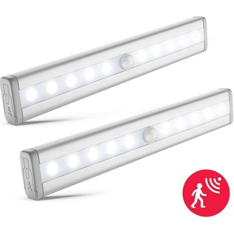 lot de 2 veilleuses LED avec détecteur de mouvement, éclairage armoire placard vitrine, réglette LED, auto-adhésif, alimentation par piles AAA (non fournies), finition aluminium (1/5)