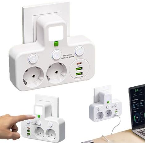 BUNTHAUS Multiprise Murale avec Interrupteurs Individuels 2 Prises EU + 3 Ports USB (2X USB A + 1x Type C), Conception Polyvalente et Sécurisée pour la Maison (White,2Prises) (1/5)