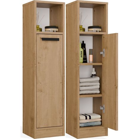Meuble de salle de bain Mexy 1D Colonne Étagère 1 Porte 4 Étagères Sur Pied Chêne Artisanal