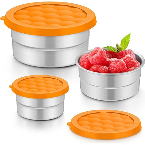 Contenitori per alimenti in acciaio inossidabile con coperchio, set da 3 arancione, 380 ml/180 ml/90 ml, a tenuta stagna e facili da aprire, impilabili, adatti a bambini e adulti, asili nido e scuole (1/5)
