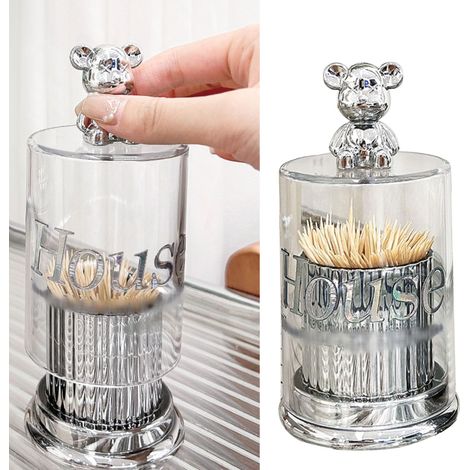 Boîte de rangement transparente argentée avec couvercle, contenant pour cure-dents en forme d'ourson mignon, boîte à cotons-tiges et couvercle. (1/5)