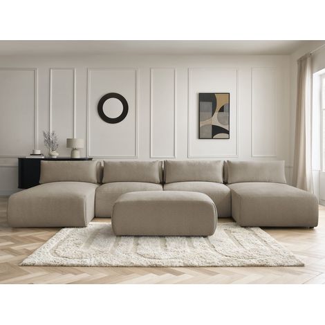 BOBOCHIC - Canapé panoramique fixe modulable avec têtières JANA tissu chiné avec 2 méridiennes, 2 chauffeuses et 1 petit pouf Taupe (1/5)