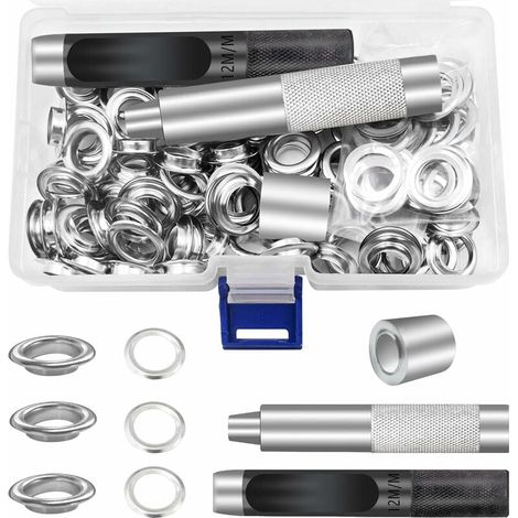SHINING HOUSE Kit de ojales de metal de 12 mm, 100 juegos de ojales para reparación de carpas de lona, color plateado (1/2 pulgada) (1/5)