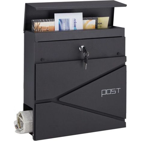 Boîte Aux Lettres - Acier - Murale Avec Compartiment Journaux - 37 x 37 x 11 cm - Noir - 1 Pièce (1/5)