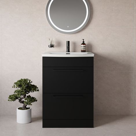 Napoli 390 Matt Black 600mm 2 Drawer Vanity Unit with Arc Basin - 600mm - Matt Black 320mm Handle
