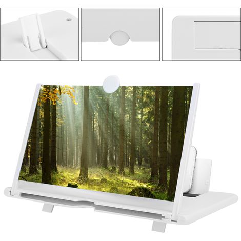 Loupe d'écran 3D 12 pouces pour téléphone - Amplificateur HD avec support escamotable pour films, vidéos et jeux (Blanc)