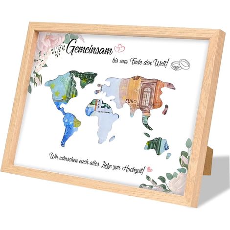 Cadre photo carte du monde bois personnalisable - Cadeau mariage argent pour mariés, emballage bois (1/5)