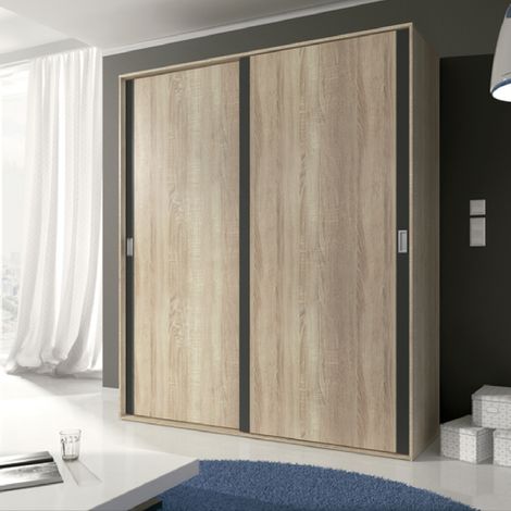 Armoire, placard garde-robe 2 portes coloris chêne cambrian, graphite - Longueur 180 x Profondeur 55 x Hauteur 208 cm -PEGANE-