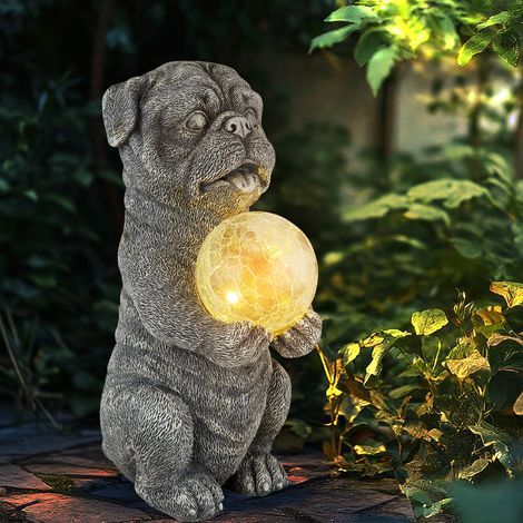 Luce solare cane decorazione giardino animale figura grigio lampada solare palla cane vetro rotto, LED bianco caldo, LxLxH 17,5x13x29 cm