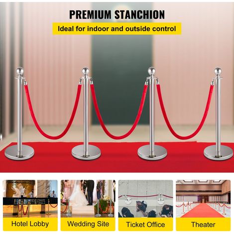 4 Poteaux de Guidage Séparation Argenté avec 3 Cordes Velours Rouges 1,5 m, 4 PCS Fils d'Attente Barrière de Queue Poteau Individuel de Sécurité 96 cm Hauteur pour Contrôle Séparation de Foule (1/5)
