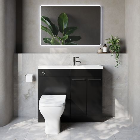 Napoli 250 Matt Black 1000mm 2 Door Vanity Unit Toilet Suite with Square Silvo Basin - 1000mm - Chrome 160mm HandleWith Kingston Toilet Pan and Seat