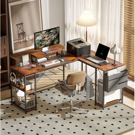 Bureau d'angle en bois marron 168 x 120 cm, réversible, avec étagères, support écran et passe-câbles (1/5)