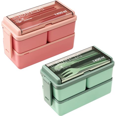Lot de 2 boîtes à lunch Bento pour adultes, 1,4 L (49 oz), étanches, écologiques et empilables, idéales pour les repas au restaurant, le travail, les pique-niques et l'école (vert + rose) (1/5)