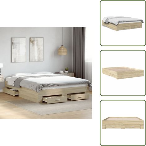 Cadre de lit avec tiroirs sans matelas chêne sonoma 160x200 cm - Cadre De Lit - Lit Double - Lit Avec Tiroirs - Meuble Chambre - Meubles Design (1/5)