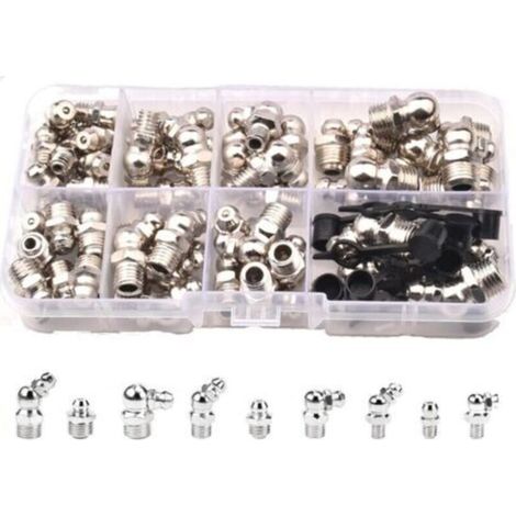 Assortiment de graisseurs - Kit de graisseurs coniques pour presses à graisser - coniques M6 M8 M10 - Raccord de graisse hydraulique droit 45 ° 90 ° 180 ° avec boîte de rangement