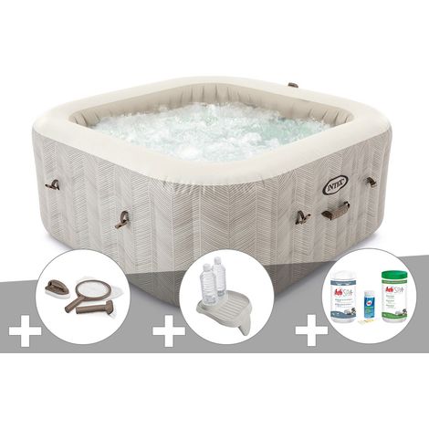 Kit spa gonflable Intex PureSpa Chevron carré Bulles 6 places + Kit d'entretien + Porte-verre + Kit de traitement brome