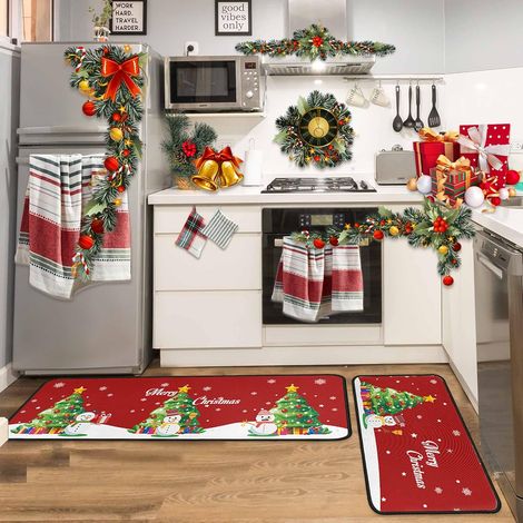 Tapis de cuisine de Noël (Lot de 2), Paillasson d'hiver Bonhomme de neige, Carpette décorative pour maison, Revêtement de sol antidérapant pour entrée et cuisine (40x120 cm + 40x60 cm, Bonhomme) (1/4)