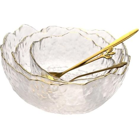 3 bols à salade en verre, bord irrégulier doré, design transparent et élégant, pour salade, fruits ou mélange, usage cuisine et table