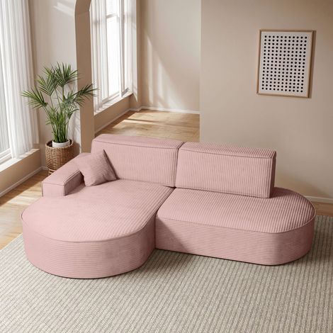 Canapé d'angle gauche convertible 4 places MARLO en velours cotelé - Rose (1/5)