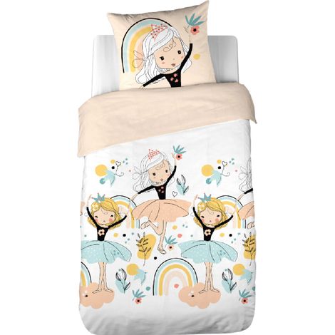 CÔTE DECO Parure de lit Enfant Réversible Licorne et Danseuse Rose Housse de Couette 140x200cm + 1 taie d'oreiller 63x63cm (1/4)