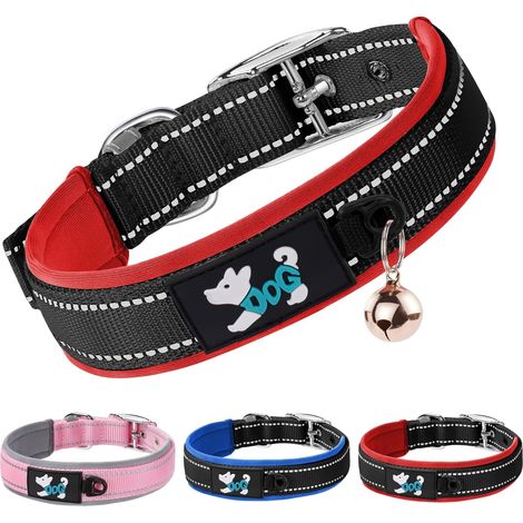 Collier pour Chien, Collier Réfléchissant en Nylon Réglable, Confort rembourré Colliers Pet avec Boucle en Métal et Grelot pour Toutes Les Variétés Petit, Moyen Gros, Grand Chiens (Rouge-S) (1/5)