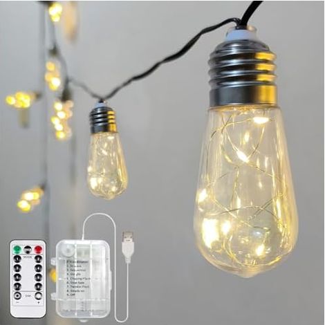 Guirlande lumineuse d'extérieur à piles, 7,7 m, 20 ampoules Edison vintage à suspendre, 100 LED, guirlande lumineuse d'intérieur avec minuteur, lumières d'extérieur pour camping, auvent, porche (1/5)