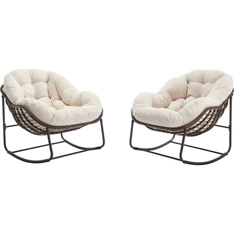 Fauteuil à bascule d'extérieur en rotin synthétique blanc avec coussin rembourré, pour terrasse, jardin et salon (1/5)