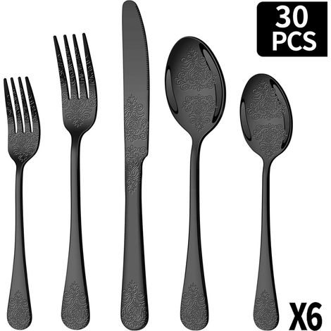 Ménagère 30 Pièces Couverts Noir pour 6 Personnes – Design Classique Fleur en Relief, Acier Inoxydable Alimentaire, Set Fourchettes Couteaux Cuillères, Compatible Lave-Vaisselle (1/5)