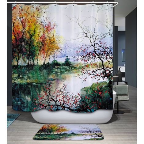 Ensemble De Rideaux De Douche 3D Résistant à L'eau En Tissu Avec 12 Crochets De Fleurs (1/5)