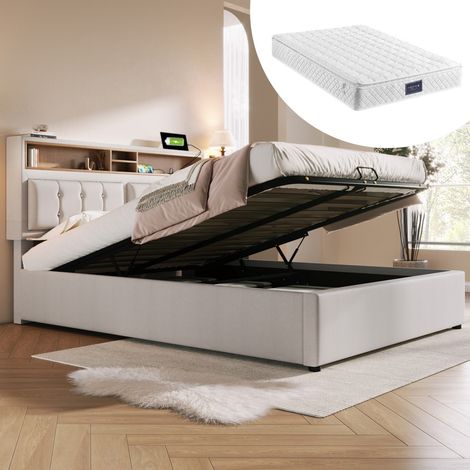 Lit double 140x200, tête de lit rembourrée lin, rangements, charge USB-C et sommier lattes - Pour jeunesse Beige (avec matelas) (1/5)