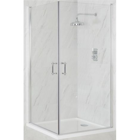 Milano Langley Chrome Corner Walk In Wet Room Hinged Door Shower Enclosure with White Tray and Fast Flow Waste - 900mm x 900mm (1/5)