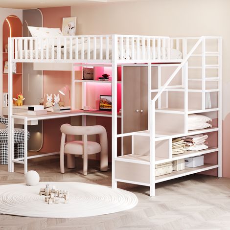 lit adulte mezzanine rangement 140x200 métal blanc HAVRYA (1/5)