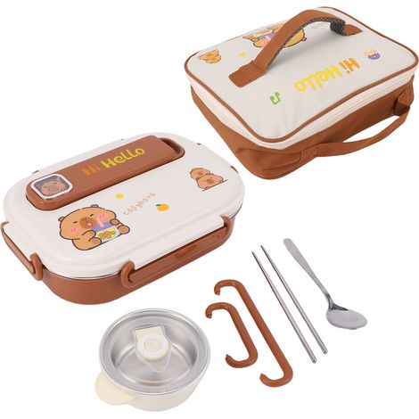 Boîte à lunch isotherme en acier inoxydable 316, capacité 1550 ml, 4 compartiments, avec bol à soupe, baguettes, cuillère et sac de rangement, couleur marron. (1/5)