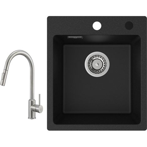 Cecipa Evier Quartz Noir 40x45cm Evier de Cuisine en Granit Evier à Encastrer 1 Vasque + Mitigeur de Cuisine avec Douchette Extractible - 2 Modes de Sortie D'eau (1/5)