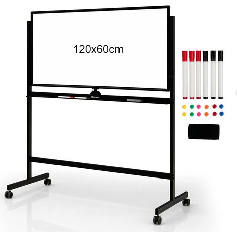 COSTWAY Lavagna Bianca Magnetica Doppia, Design Regolabile in Altezza con Ruote Bloccabili, 6 Pennarelli, 12 Calamite e 1 Cancellino, Ideale per Casa Ufficio e Scuola, 126 x 59 x 145/165 cm, Nero (1/5)