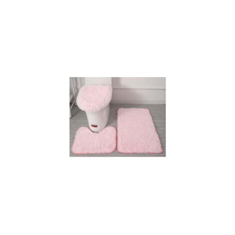 Set di 3 tappetini sagomati per WC in morbida microfibra - Antiscivolo - Con retro in flanella PVC con borchie - Tappetino da bagno + Tappetino sagomato per WC + Copriwater - Rosa - RAPANDA - Crezuo (1/4)
