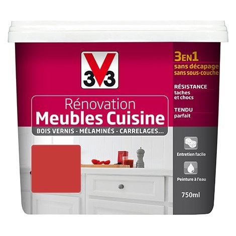 V33 – Peinture acrylique satin pour meubles cuisine – Bois vernis, mélaminés, stratifiés – 0,75 L – Résistante aux tâches et chocs (1/3)