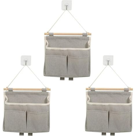 3 Pièces Sac de Rangement Suspendu, Sac de Rangement Mural avec 3 Poches Organiseurs Suspendus avec Crochet Adhésif Rayonnage de Porte de Grande Capacité pour Maisons, Bureaux, Caravanes(Gris) (1/4)