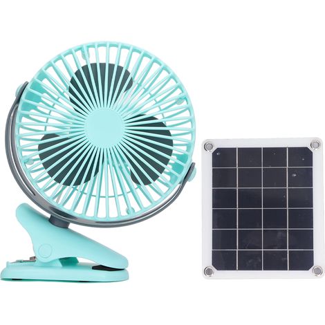 Ventilateur solaire portable clip USB, petit ventilateur de bureau rafraîchissant bleu pour activités intérieures et extérieures. (1/5)