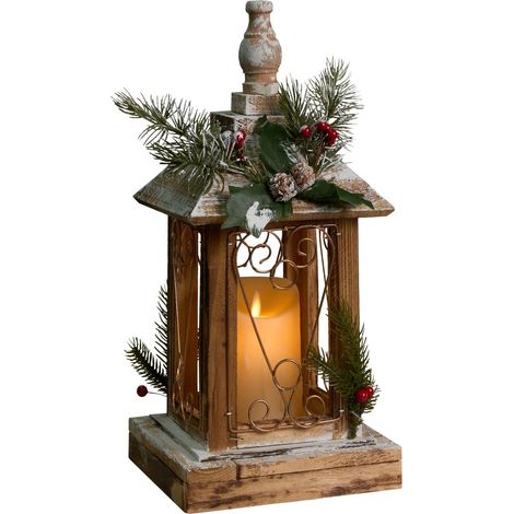Lanterna LED Decorazione natalizia Abete Legno Fatto a mano Marrone scuro Saima