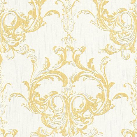 Barock Tapete Profhome 961965 Textiltapete strukturiert mit Ornamenten matt gelb weiß 5,33 m2